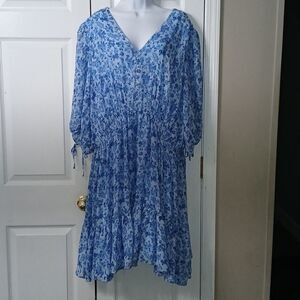 Taylor blue floral print dress elastic waist midi waist Sz 24W NWOT